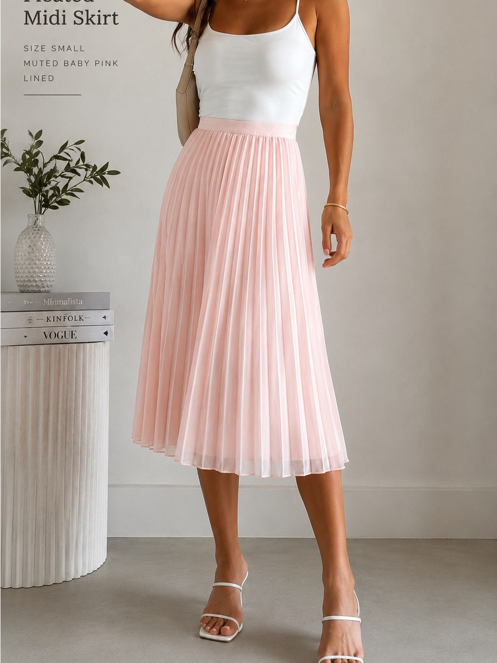 Boutique Pleated Midi Skirt in Muted Baby Pink Women’s Small Lined Hidden Zip